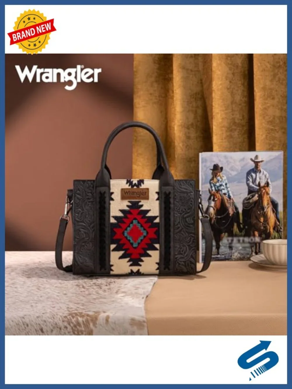 Genuine Leather Aztec Tapestry Western Tote Satchel with Whipstitch Details